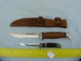 2 Case knives in Case double sheath, leather wrapped handles