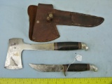 Western USA knife & hatchet w/leather sheath
