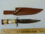 Unmarked damascus blade knife w/leather sheath