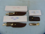 3 knives: (2) Damascus Blade knife DM-1000, NIB w/leather sheath & lockback DM-1020