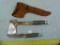 Western USA knife & hatchet set in leather sheath