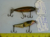 2 Creek Chub fishing lures, both wood, glass eyes, 2x$