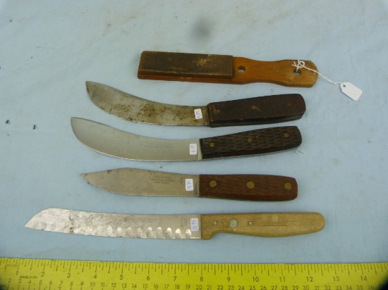 4 Knives & 8-7/8" T Indian Mtn Whetstones Handi-Stone