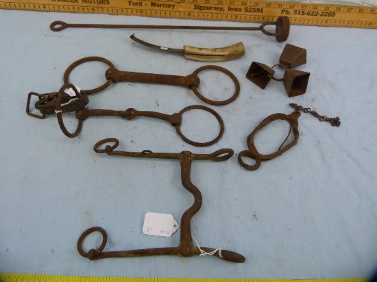 7 Items: horse bridles, branding iron, knife, bells, twitch