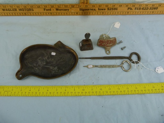 5 items: ashtray, can opener, advertising picks & bell