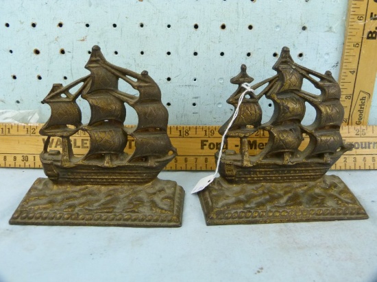 Pair of cast iron bookends, sailing ship "Constitution"