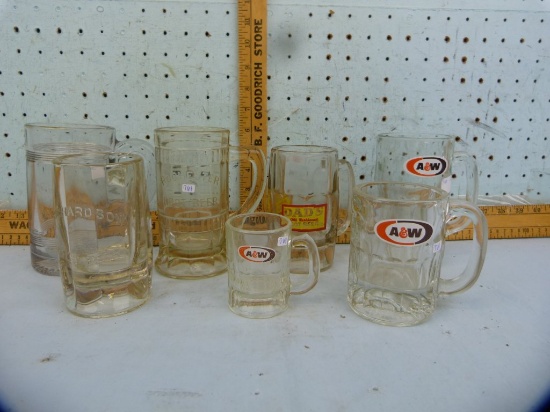 7 Glass root beer mugs, various brands, 3-1/4" - 6-1/4" T