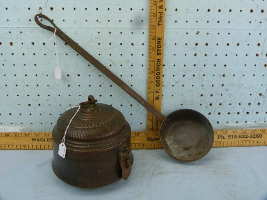 Brass container & ladle with brass scoop, metal handle