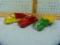 3 Unmarked metal toys: stake truck, car, & dump truck