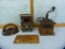 4 Items: sad iron, coffee grinder, stove, & box front