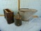 Coal bucket, fuel tin w/funnel spout, & sewing machine drawers