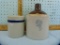 2 Crock items: 2-tone jug & beater jar w/blue stripe