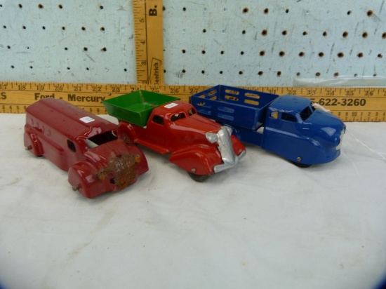 3 Metal toys: 2 stake trucks & bus, approx 6" L, repainted
