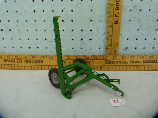 Unmarked metal toy sickle mower, "Made in USA", 5-7/8" L