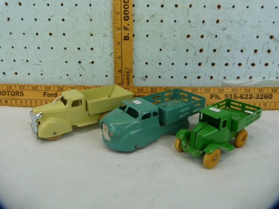 3 Metal toy stake trucks, 4-3/4" - 6"  L, repainted