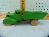 Metal toy dump truck, wooden wheels, 10