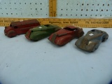 4 Metal toy cars with wooden wheels, rough finish