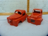 2 Metal toy semi truck cabs, 1 with base, painted