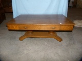 Oak library table converted to coffee table, 1 drawer, on wheels