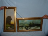 2 Landscape paintings: winter bridge scene & summertime forest