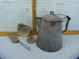 Gray speckle enamel coffee boiler & 3 kitchen utensils