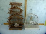 2 Birdcages: wooden & Hendryx metal; w/porcelain food/water dishes