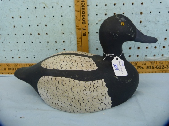 Wooden black duck decoy, 7-1/4" T x 13-1/2" L