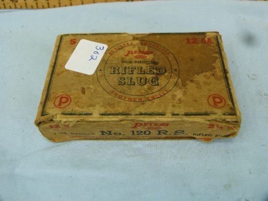 Ammo: box/5 Peters 12 ga rifled slugs, No. 120 R.S.