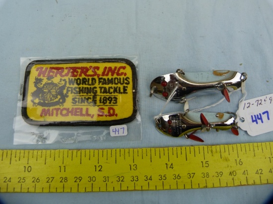 2 Herter's solid brass fishing lures & 3-1/2" W sleeve patch