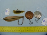 4 Fishing lures: Miller Wobbler #1, Kayson striped spoon, & 2 hammered lures
