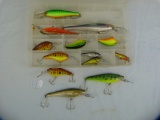 13 Bagley's fishing lures, in plastic tackle tray