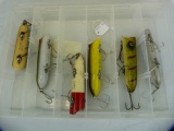 6 Heddon Lucky 13 lures, in plastic tackle tray