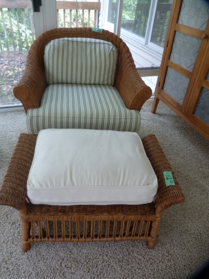 Wicker side chair & footstool w/cushions