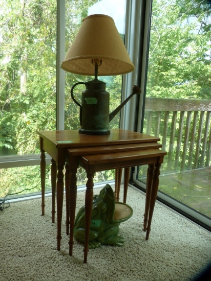 3 Nesting tables, ceramic frog, & watering can 3-way lamp
