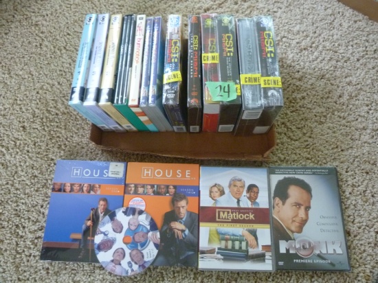 Box of DVD TV series, CSI: Miami, Burn Notice, Quincy MD