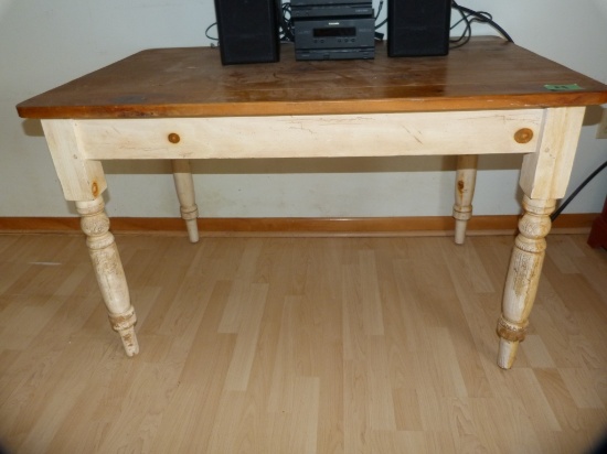 Wooden table w/antique legs, plank top, drawer on end