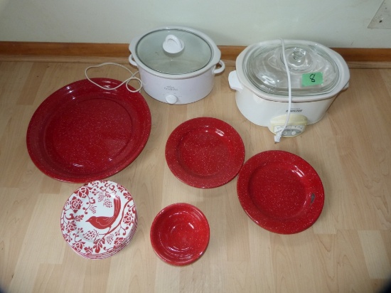 12 red speckled enamel dishes, 4 china plates, 2 Rival crockpots