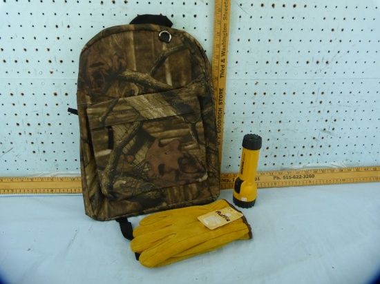 New camo backpack, leather gloves, & Ray-O-Vac flashlight