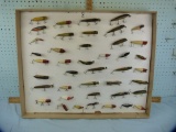 Display of 42 vintage fishing lures, mostly wooden, 42x$