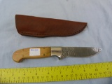 Damascus blade custom knife w/leather sheath
