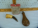 3 Items: gunpowder tin, powder horn, & powder flask