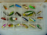22 Topwater fishing lures, new, in plastic tackle tote