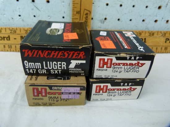 Ammo: 95 rds in 4 boxes, Hornady & Win 9 mm Luger, 4x$