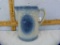 Blue & white crock pitcher, peach design, 8-1/4
