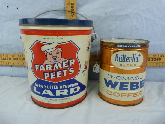 2 tins: Farmer Peet's Lard & Thomas J. Webb Coffee