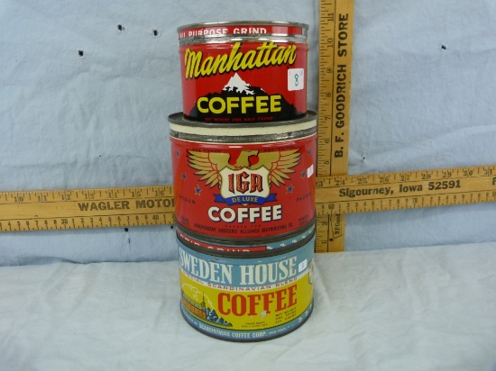 3 Coffee tins: Manhattan, IGA, & Sweden House