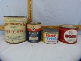 4 Containers: 3 tins & cardboard with metal ends