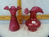 2 Cranberry glass vases, ruffled edges, approx 7-1/4