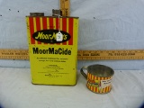 2 Moorman tin items: cup & MoorMaCide 1 gallon tin