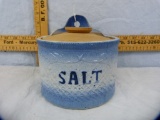 Blue & white salt crock with wooden lid, 5-3/4